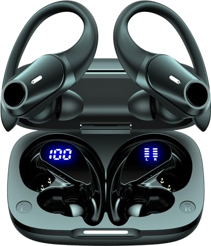 GOLREX Ear Buds Bluetooth Headphones Wireless Earbuds 36Hrs Playback Wireless Charging Case Digital Display Over-Ear Earphones with Earhook Waterproof Headset with Mic for Sport Running Workout Black