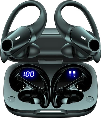 GOLREX Ear Buds Bluetooth Headphones Wireless Earbuds 36Hrs Playback Wireless Charging Case Digital Display Over-Ear Earphones with Earhook Waterproof Headset with Mic for Sport Running Workout Black
