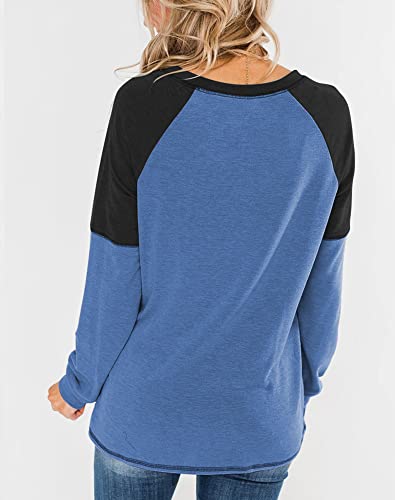 Bingerlily Women's Casual Long Sleeve Tunic Tops Crew Neck Color Block Blouses Blue-black