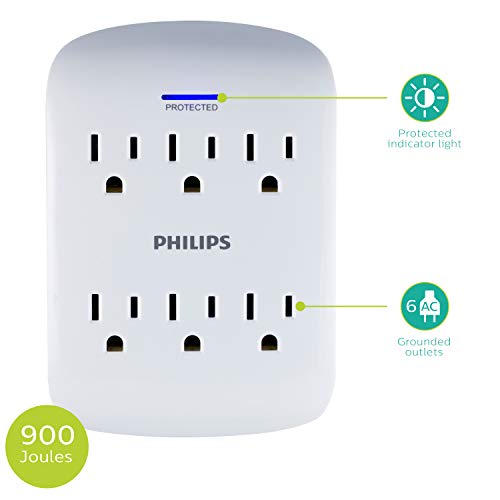 Philips 6-Outlet Extender Surge Protector, Wall Tap, 900 Joules, Space Saving Design, 3-Prong, Protection Indicator LED Light, ETL Listed, White, SPP3461WA/37