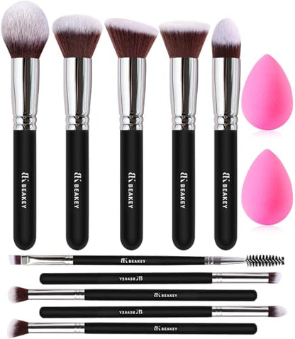 BEAKEY Soft Make up Brushes, Gentle on Skin, Effective Application - 12Pcs Premium Makeup Brush Set, Makeup Brushes, Contour Brushes, with 2Pcs Blender Sponges (Packaging May Vary)