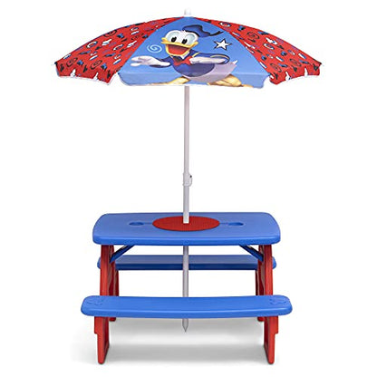 Disney Mickey Mouse 4 Seat Activity Picnic Table with Umbrella and Lego Compatible Tabletop by Delta Children, 32.5 in x 34.25 in x 53.5 in