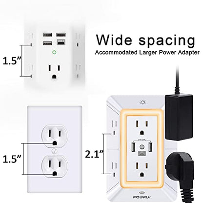 Surge Protector USB Outlet Extender - POWRUI Multi Plug with 6 Outlet Splitter and 3 USB Charging Ports and Night Light,3-Sided Power Strip with Adapter Spaced Outlets - White,ETL