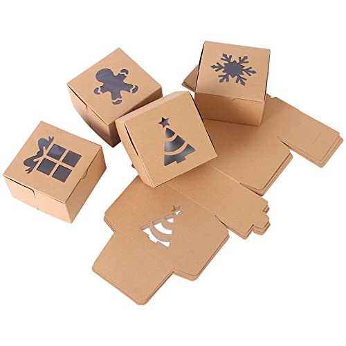 NEWBEA 24Pcs Cookie Boxes with Window 4 x 4 x 2.5 Inches Bakery Boxes Set Christmas Holiday Treat Boxes for Cakes,Cupcakes,Donuts,Pies,Cookies(Kraft)