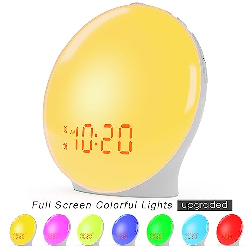 Wake Up Light Sunrise Alarm Clock for Kids, Heavy Sleepers, Bedroom, with Sunrise Simulation, Fall Asleep, Dual Alarms, FM Radio, Snooze, Nightlight, Colorful Lights, 7 Natural Sounds, Ideal for Gift