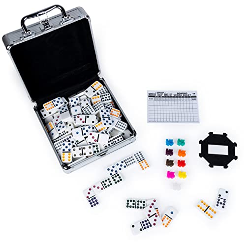 Mexican Train Dominoes Set Tile Board Game in Aluminum Carry Case with Colorful Trains for Family Game Night, for Adults and Kids Ages 8 and up