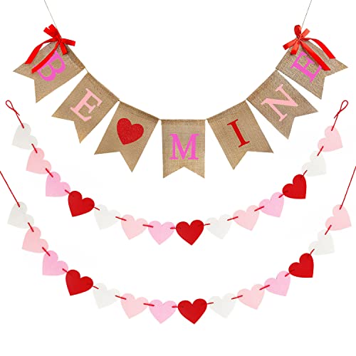 Valentines Day Burlap Banner, Valentines Decor for Home, Be Mine Hanging Banner & 28 Pcs Felt Heart Garland Banner Decor for Mantle Fireplace Wall, Decorations Pre-Assembled - No DIY Required