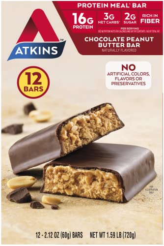 Atkins Chocolate Peanut Butter Protein Meal Bar, High Fiber, 16g Protein, 2g Sugar, 3g Net Carb, Meal Replacement, Keto Friendly, 12 Count