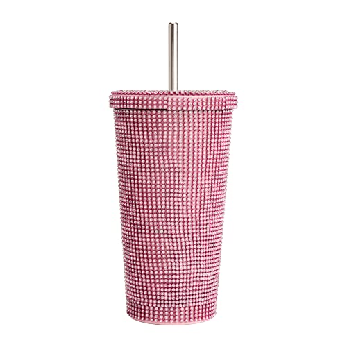 Paris Hilton Diamond Bling Water Tumbler With Lid And Straw, Vacuum Insulated Stainless Steel, Bedazzled With Over 3700 Rhinestones, 16.9-Ounce, Pink