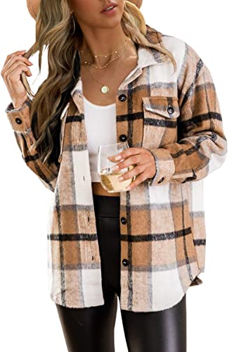 Womens Oversized Flannel Jacket Shirts Wool Blend Button Down Long Sleeve Shacket Trendy 2023 Winter Clothes Plus Size