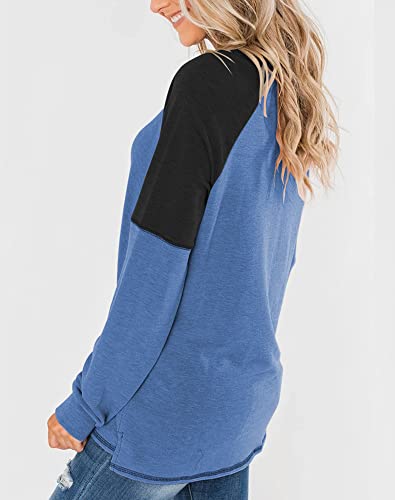 Bingerlily Women's Casual Long Sleeve Tunic Tops Crew Neck Color Block Blouses Blue-black