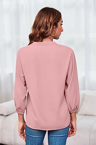 Cnkwei Womens V-Neck Lantern Sleeve Blouse Zipper Design Loose Casual Top Shirts Light Pink