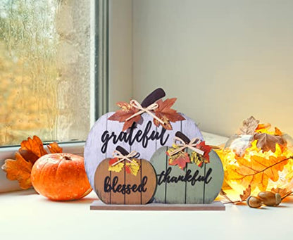 CYNOSA Fall Decorations for Home Blessed Grateful Thankful Sign Fall Decor Thanksgiving Decorations Wooden Pumpkin Tabletop Signs for Home Thanksgiving Farmhouse Living Room Harvest