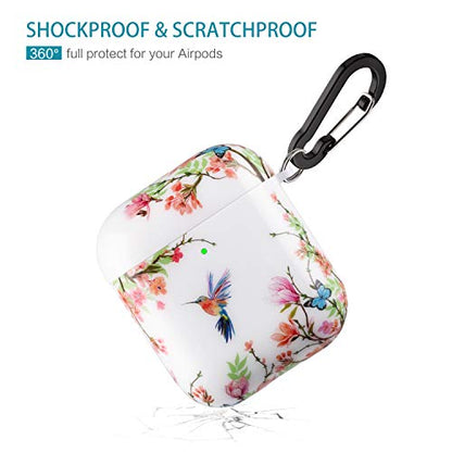 Airpod Case Hummingbird Flowers, Shockproof Hard Case Cover with Keychain for Apple Airpod Case 2nd 1st Generation, Case for Airpod Boys Girls, Front LED Visible, Support to Wireless Charging