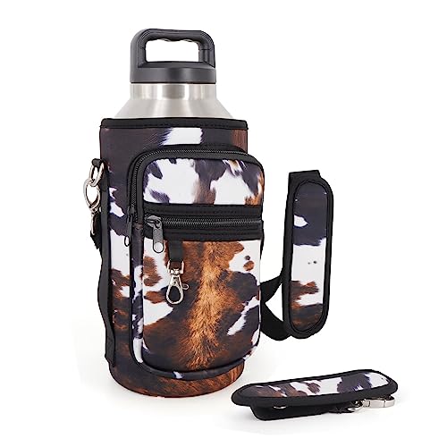 AJLTPA Water Bottle Holder with Adjustable Padded Shoulder Strap and 2 Pockets, Water Bottle Sleeve Carrier Compatible with Rambler 26 oz Bottle & 32oz Hydro Flask and More (Cowhide Print)