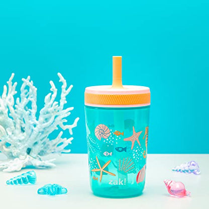 Zak Designs Kelso 15 oz Tumbler Set, (Shells) Non-BPA Leak-Proof Screw-On Lid with Straw Made of Durable Plastic and Silicone, Perfect Baby Cup Bundle for Kids (2pc Set)