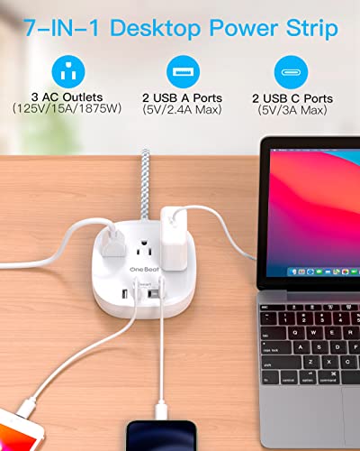 Flat Plug Power Strip, 5ft Ultra Flat Extension Cord - 3 Outlets 4 USB Ports (2 USB C) 22.5W/4.5A Desktop Charging Station, Power Strip No Surge Protection for Cruise Ship, Dorm Room Travel Essential