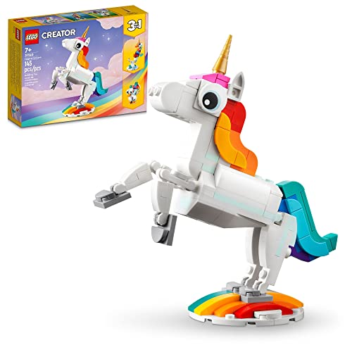 Lego Creator 3 in 1 Magical Unicorn Toy to Seahorse to Peacock 31140, Rainbow Animal Figures, Unicorn Gift for Girls and Boys, Buildable Toys