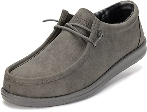 WHITIN Men's Casual Loafers Slip-on Suede Recycled Leather Boat Shoes Fashion Deck Sneakers Size 10 Sox Winter MOC Toe Warm Walking Light Grey 43