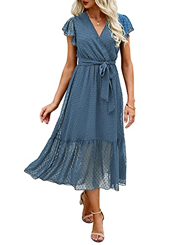 BTFBM Women Summer Bohemian Floral Casual Wrap V Neck Ruffle Cap Sleeveless Belt A-Line Pleated Hem Swing Midi Sun Dress (Swiss Dot Grey Blue, m)