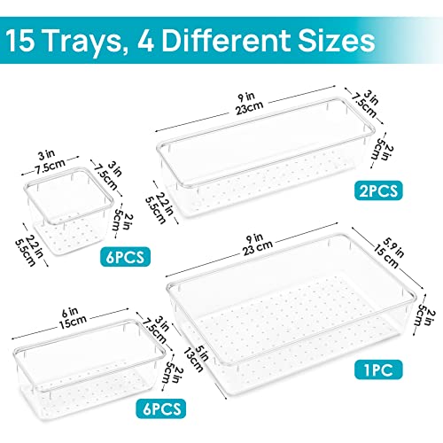 Vtopmart 15 PCS Clear Plastic Drawer Organizers Set, 4-Size Versatile Bathroom and Vanity Drawer Organizer Trays, Storage Bins for Makeup, Bedroom, Kitchen Gadgets Utensils and Office