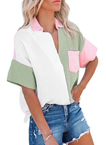 Dokotoo 2023 Summer Womens Ladies V-Neck Turn Down Collared Batwing Short Sleeve Pullover Shirts Comfy Linen Color Block Back Button Down Workout Loose fit Tunic Blouses Green 2XL