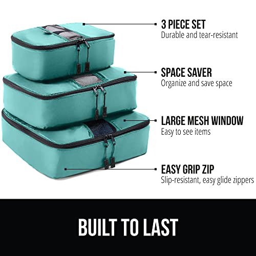 Gorilla Grip 3 Piece Packing Cubes Set, Compression Space Saving Organizers for Suitcases and Luggage, Mesh Window Bags, Travel Essentials for Carry On, Clothes and Shoes, Cube with Zipper, Turquoise