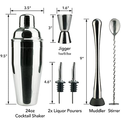 Arora Barware Set - 6pc - Stainless Steel - Professional Bar Tools for Drink Mixing, Home, Bar, Party, Silver, 24oz (851111)