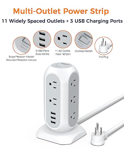 Tower Power Strip with 11 Outlets 3 USB Chargers, TESSAN Surge Protector Tower 1875W/15A, 6 Feet Extension Cord with Multiple Outlets, Flat Plug, Office Supplies, Desk Accessories, Dorm Essentials