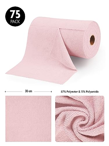 Fantasticlean Microfiber Cleaning Cloth Roll -75 Pack, Tear Away Upaper Towels, 12" x 12", Reusable Washable Rags (Pink)