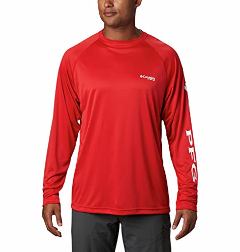 Columbia Men's Terminal Tackle Long Sleeve Shirt, Red Spark/White Logo, Large