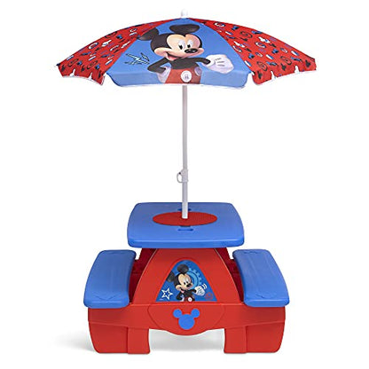 Disney Mickey Mouse 4 Seat Activity Picnic Table with Umbrella and Lego Compatible Tabletop by Delta Children, 32.5 in x 34.25 in x 53.5 in