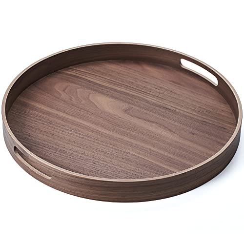 urbanplus 16.5" Walnut Large Round Serving Tray with Handles, Large Round Ottoman Tray, Bed Tray, Wood Serving Tray for Eating, Food, Coffee, Breakfast, Afternoon Tea, Decoration
