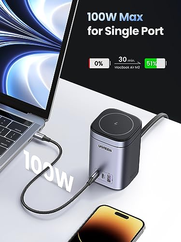 UGREEN Nexode 100W USB C Charger with MagSafe 15W Wireless Charger Stand for iPhone 15 Pro Max/15/14/13/12, GaN Desktop 4 in 1 Charging Station for MacBook Pro/Air M2, iPad, Dell XPS, Galaxy S23
