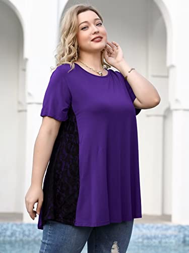 LARACE Short Sleeve Shirt For Womens Summer Clothes Lace Tunic Tops To Wear With Leggings Casual Plus Size Blouses(Deep Purple 1X)