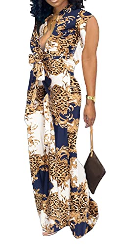 SxClub Sexy Jumpsuits for Women Elegant Floral Leopard V Neck Sleeveless Long Straight Pants Clubwear Rompers with Belt Pockets