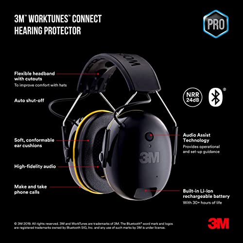 3M WorkTunes Connect Hearing Protector with Bluetooth Wireless Technology, 24 dB NRR, Hearing Protection Safety Earmuffs,Black