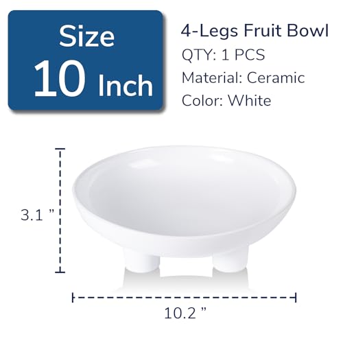 Tanirapel Ceramic Fruit Bowl for Kitchen Counter, 10" Large Decorative Bowl for Home Decor, Modern Pedestal Bowl with Four-Legs, Fruit Holder for Breads and Vegetable, White