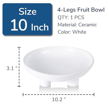 Tanirapel Ceramic Fruit Bowl for Kitchen Counter, 10" Large Decorative Bowl for Home Decor, Modern Pedestal Bowl with Four-Legs, Fruit Holder for Breads and Vegetable, White