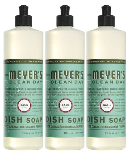 Mrs. Meyer's Liquid Dish Soap, Biodegradable Formula, Basil, 16 fl. oz - Pack of 3