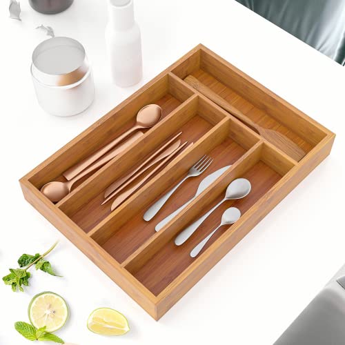 MOBOOMTIE Bamboo Silverware Organizer - Kitchen Drawer Organizer and Utensil Organizer, Perfect Size for Silverware, Flatware, Knives in Kitchen, Bedroom, Living Room (Natural, 9.8 in)