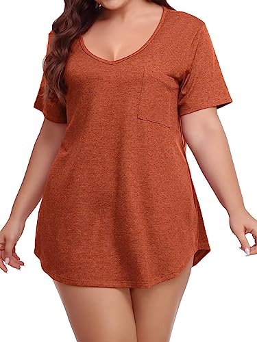 BELAROI Women Plus Size V-Neck Tunic Tops Loose T Shirt with Pocket (3X, D-Dark Orange)