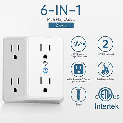 LENCENT Multi Plug 6 Outlet Extender, 2 Pack Surge Protector Wall tap, Power Strip 3-Side Widely Spaced Adapter Multiple Charger Expander, Mountable Wall Splitter for Home Travel Office, ETL Listed