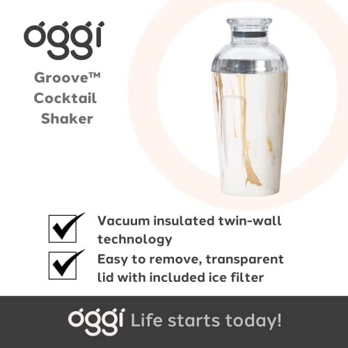 OGGI Groove Insulated Cocktail Shaker-17oz Double Wall Vacuum Insulated Stainless Steel Shaker, Tritan Lid has Built In Strainer, Ideal Cocktail Mixer, Martini Shaker, Margarita Shaker, Gold Marble