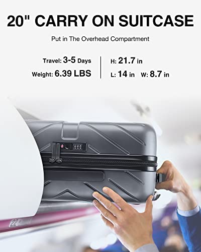 BAGSMART Carry On Luggage 22x14x9 Airline Approved, 1OO% PC Lightweight Carry On Hardside Suitcase, 20 Inch Hard Shell Luggage with Spinner Wheels, Waterproof Rolling Suitcase, Silver Gray