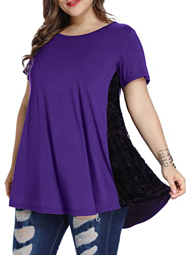 LARACE Short Sleeve Shirt For Womens Summer Clothes Lace Tunic Tops To Wear With Leggings Casual Plus Size Blouses(Deep Purple 1X)