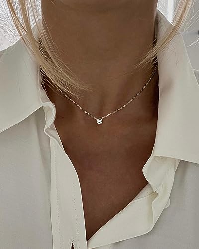 Tewiky Dainty Silver Necklace, Simple Silver Pendant Cute Cubic Zirconia Diamond Aesthetic Silver Choker Necklaces Minimalist Silver Jewelry for Women Girls