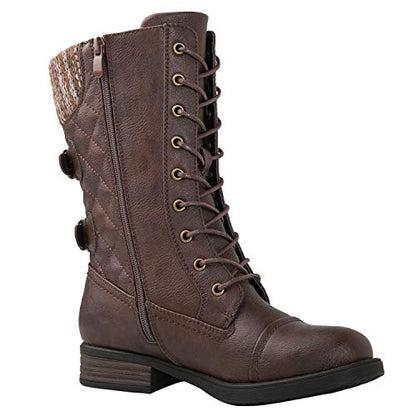 GLOBALWIN Women's Brown Mid Calf Fashion Boots Low Heels Boots Lace Up Combat Boots For Women 8M