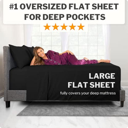 Twin XL Sheets Deep Pockets – 21” Twin XL Deep Pocket Sheets – [3 Piece Set] Oversize Flat Sheet, Fitted Sheet and 1 Zipperede Pillowcase – 18”–23” Pillow Top Mattress Extra Long Twin Sheets – Black