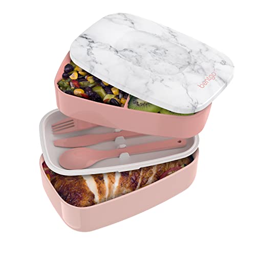 Bentgo Classic - All-in-One Stackable Bento Lunch Box - Modern Style and Design Includes 2 Containers, Built-in Plastic Utensil Set, and Nylon Sealing Strap (Blush Marble)